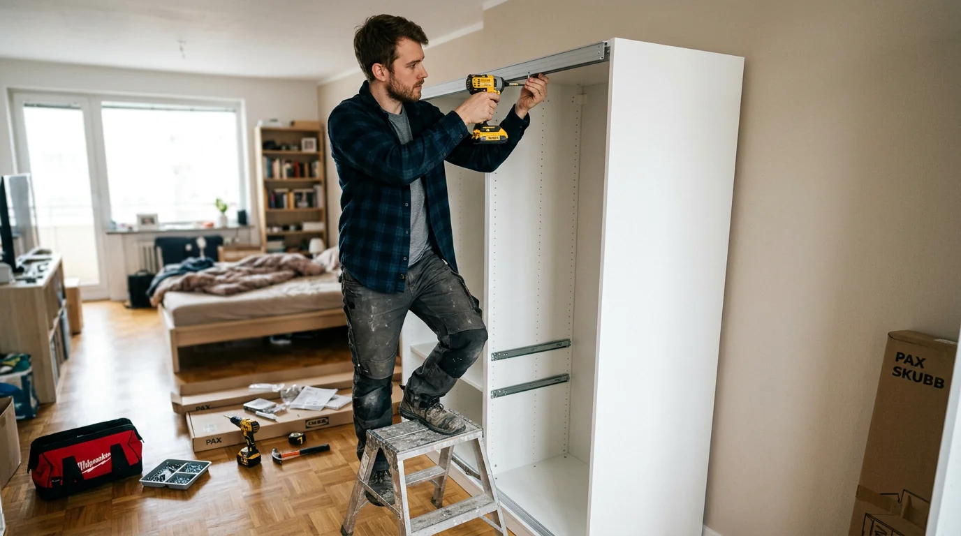 IKEA Möbelmontage Retz – PAX Kleiderschrank Aufbau, Schiebetür-Schienen werden eingesetzt