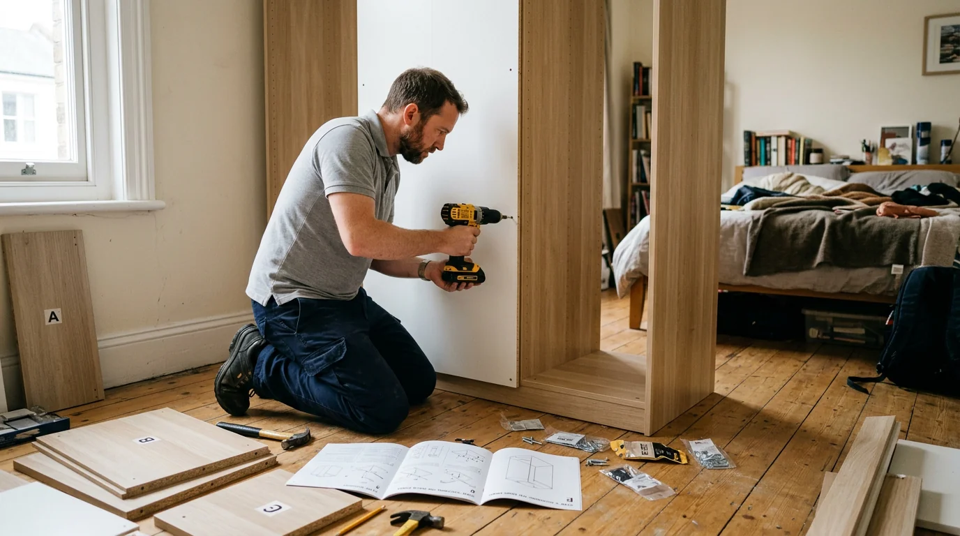Möbelmontage Retz – Monteur beim fachgerechten Aufbau eines Kleiderschranks mit Akku-Bohrmaschine