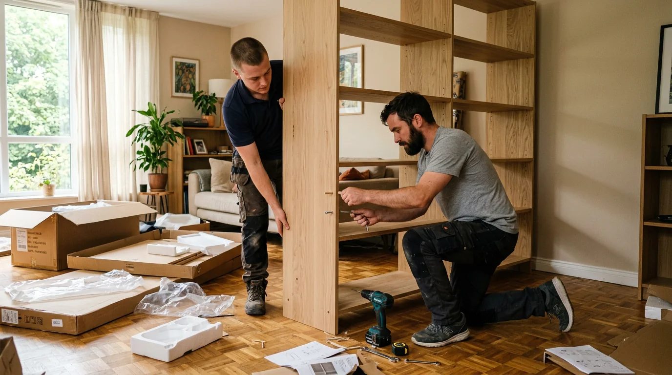 Professionelle Möbelmontage Retz – zwei Monteure bauen gemeinsam ein großes Regal auf
